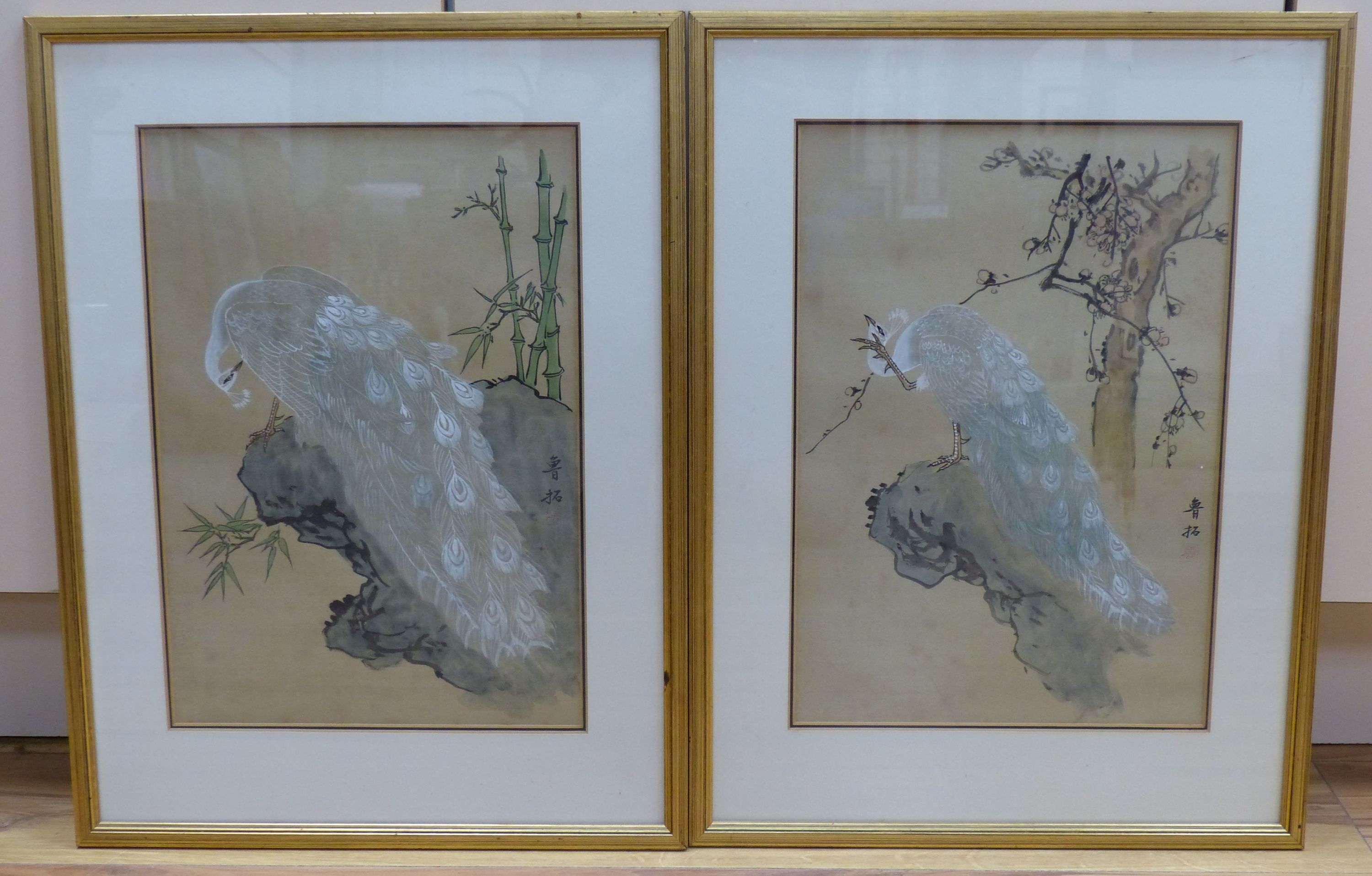 Japanese School, 20th century, a pair of works on silk, Studies of peacocks, 37 x 26cm